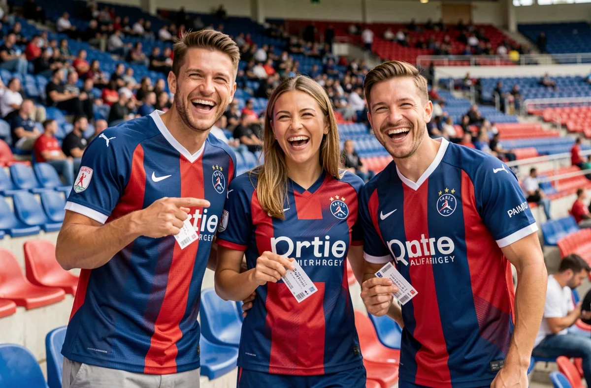 Groupe de supporters du Paris FC dans les tribunes avec leurs billets avant le match