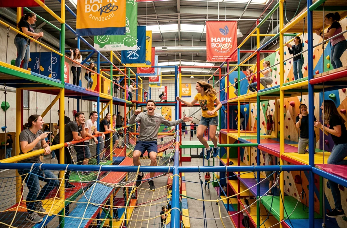 Participants en action sur les structures d'escalade et parcours acrobatiques de Hapik Bordeaux