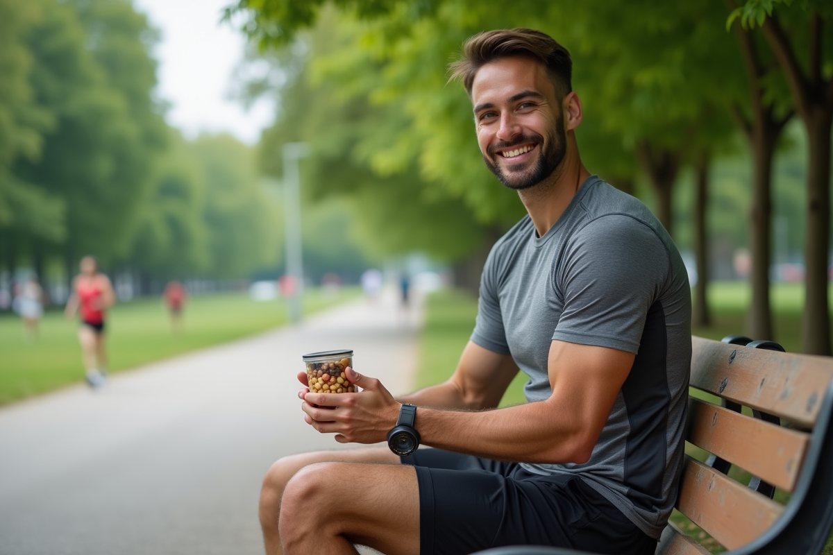 Homme athlétique assis sur un banc dans un parc