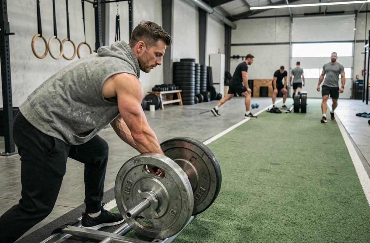 Homme musclé chargeant des poids sur un sled en acier avant une séance de cardio express de 20 minutes dans un gym crossfit