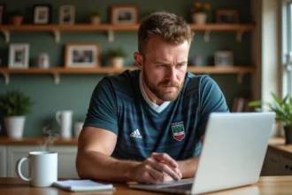 Homme d'âge moyen cherchant scores rugby sur son ordinateur