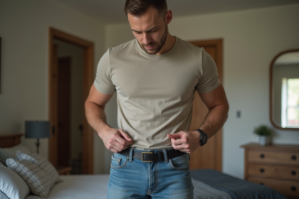 Homme en jeans ajustés ajustant sa ceinture de port discret