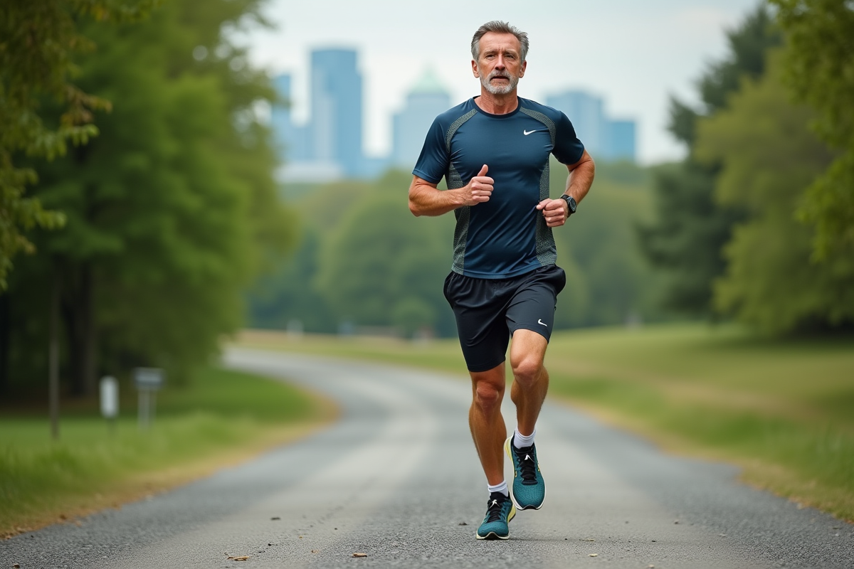 Homme d age moyen courant dans un parc avec ses chaussures de sport