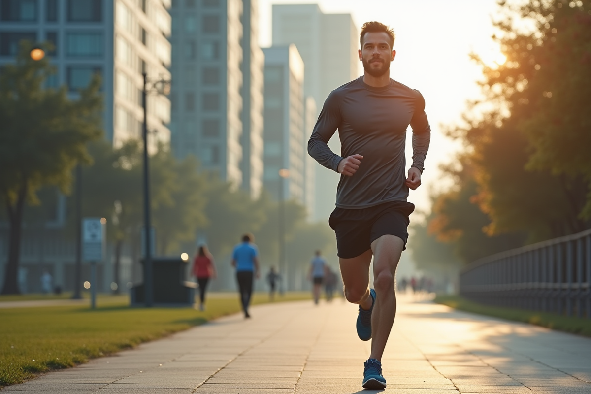 Homme en course dans la ville au petit matin avec ses chaussures de sport