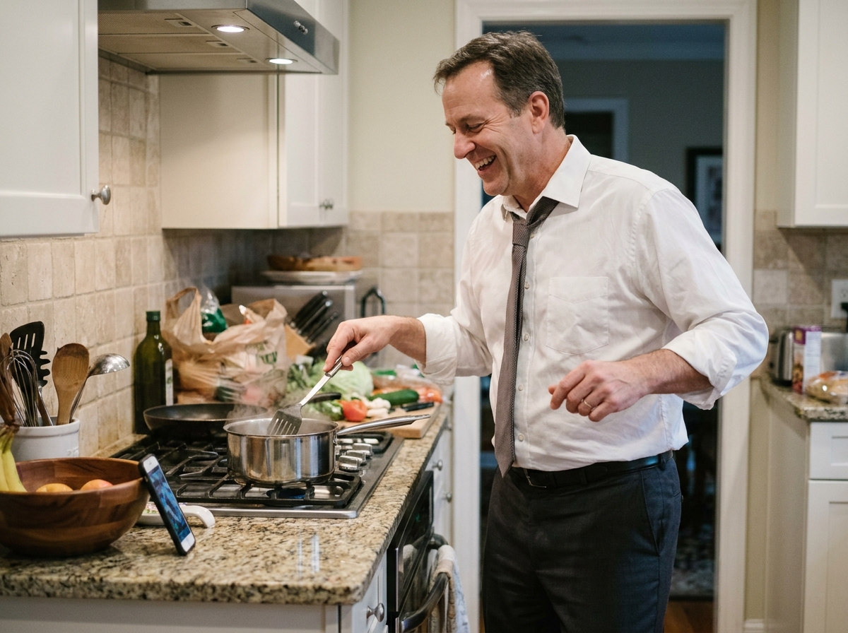 Homme en tenue de bureau qui danse dans sa cuisine en cuisinant pour se déstresser après une journée de travail