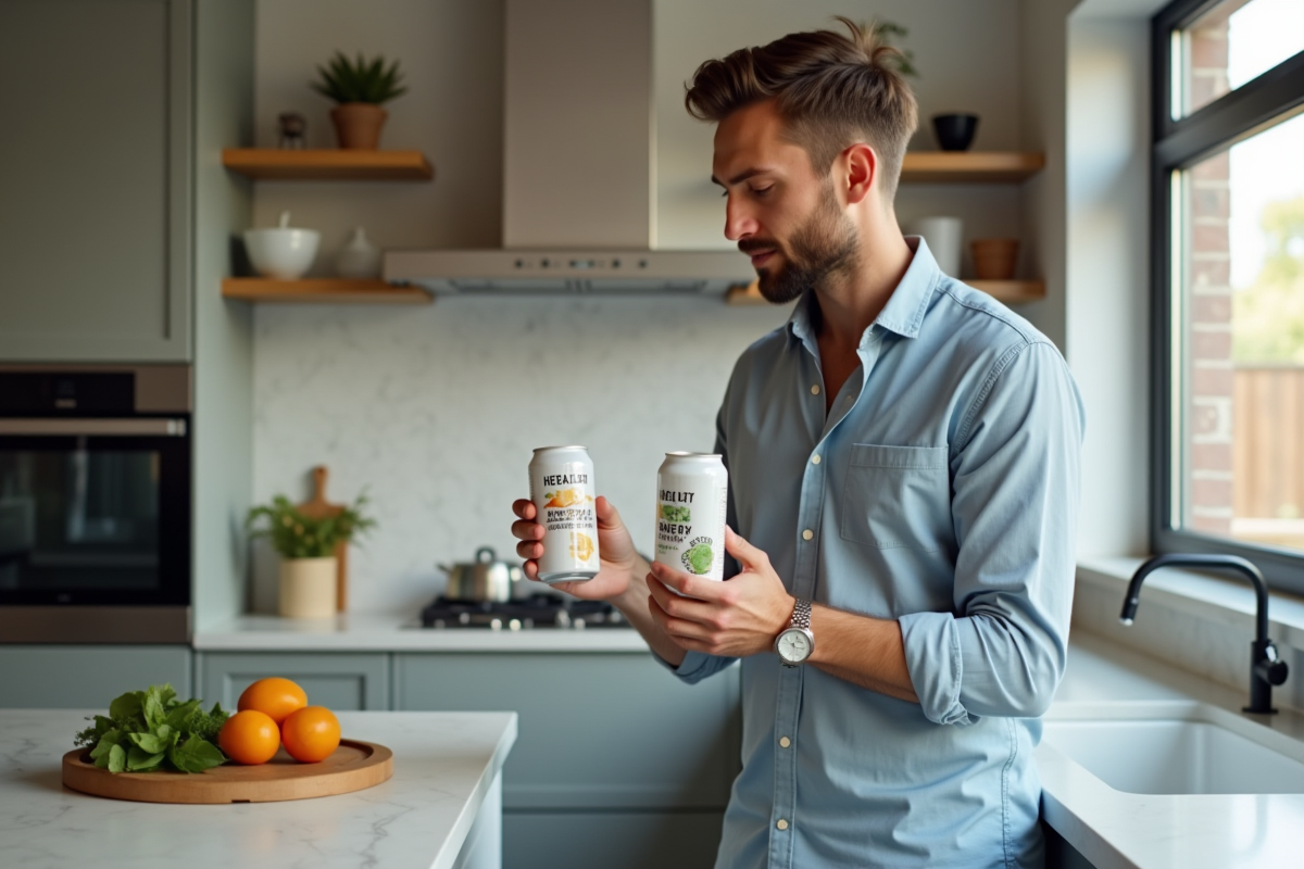 Homme comparant deux boissons énergisantes dans une cuisine moderne