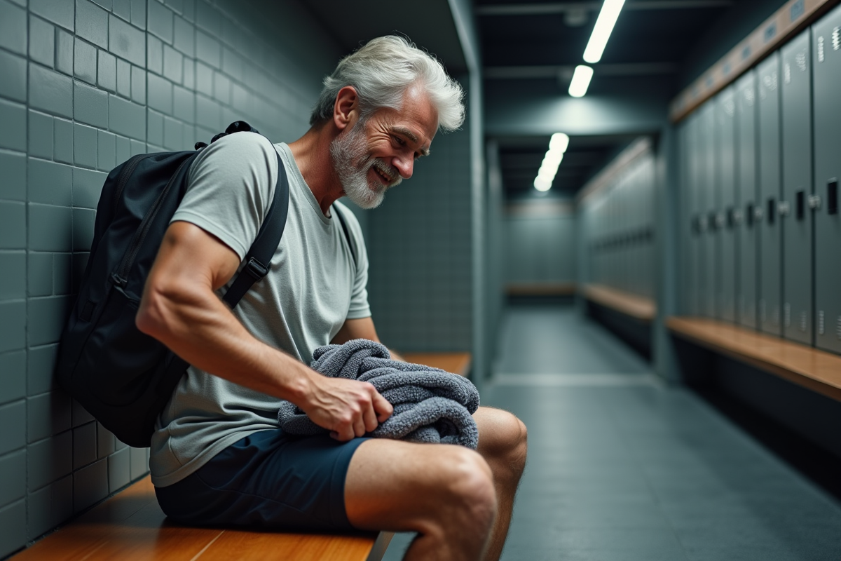 Homme dans le vestiaire range une serviette dans son sac de sport