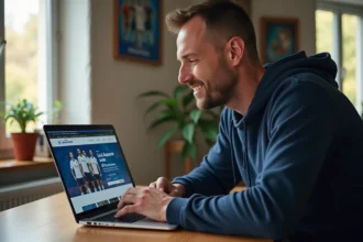 Homme assis à une table avec un ordinateur affichant un forum Auxerre