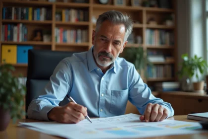 Homme d'âge moyen examinant un calendrier sportif dans son bureau