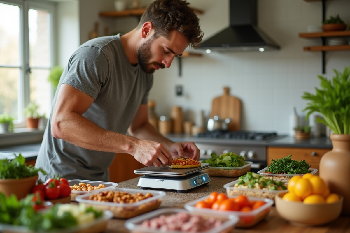 Jeune homme préparant un repas sain dans la cuisine lumineuse