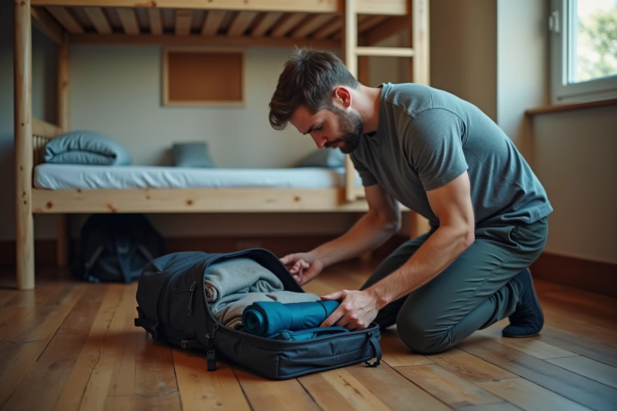 Homme préparant et organisant son sac de voyage 70L dans une auberge de jeunesse