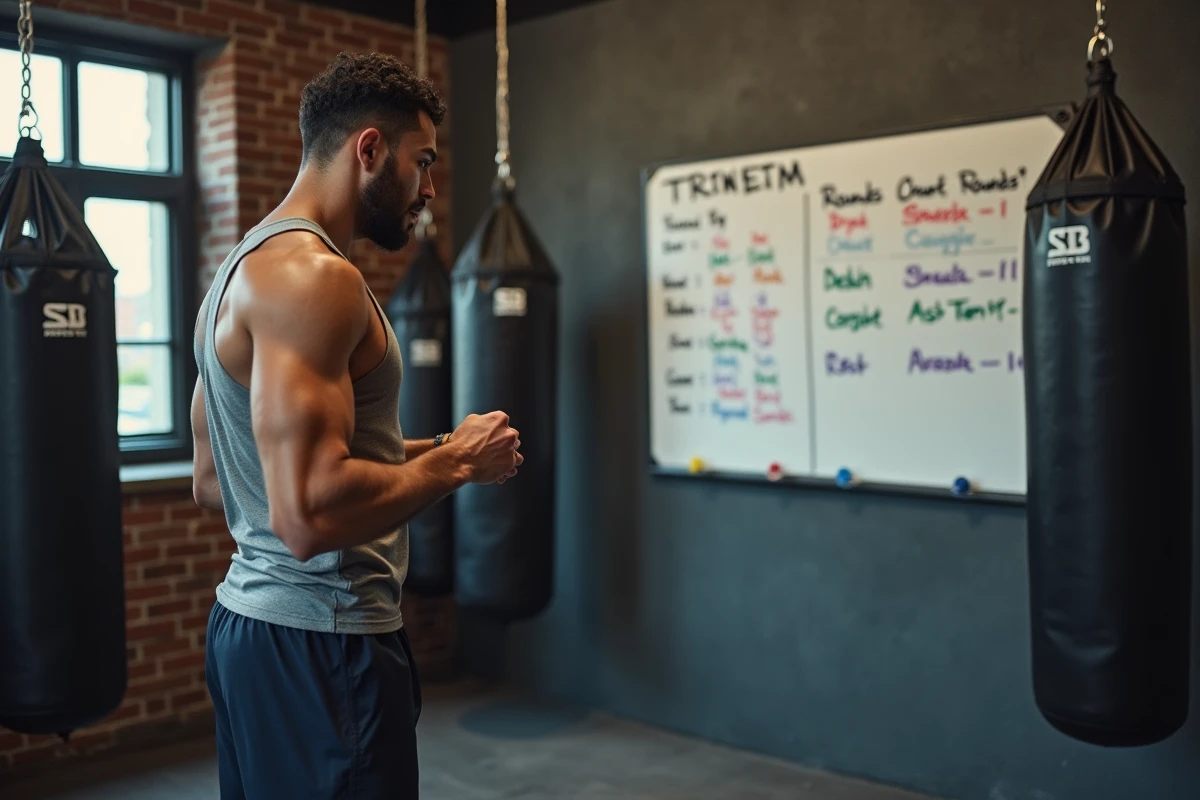 Homme consultant un programme d'entraînement de boxe musicale sur tableau blanc dans une salle de sport