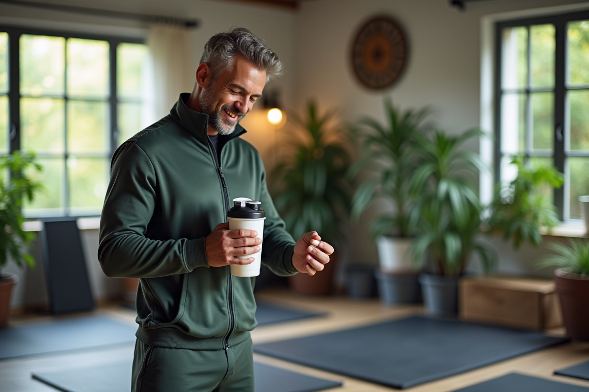 Homme versant de la poudre protéinée dans un shaker dans une salle de sport