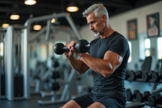 Homme sportif en salle effectuant des curls biceps