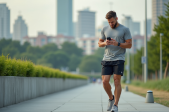 Homme sportif vérifiant une application fitness en extérieur