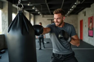 Jeune homme en entraînement boxe en salle urbaine
