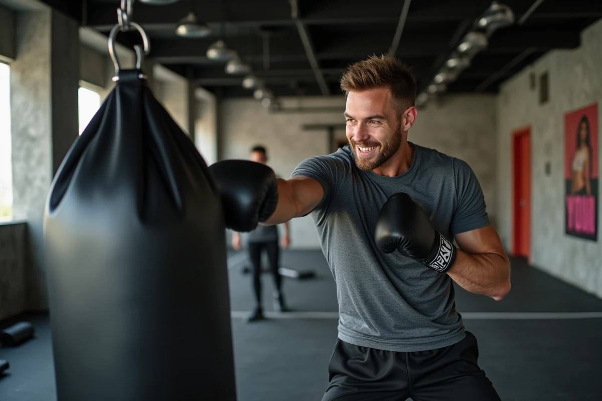 Jeune homme en entraînement boxe en salle urbaine