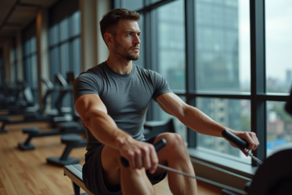 Homme musclé en salle de sport faisant du rameur
