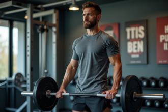 Homme musclé en salle de sport en train de soulever une barre