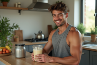 Jeune homme en tenue de sport préparant un shake protéine dans la cuisine