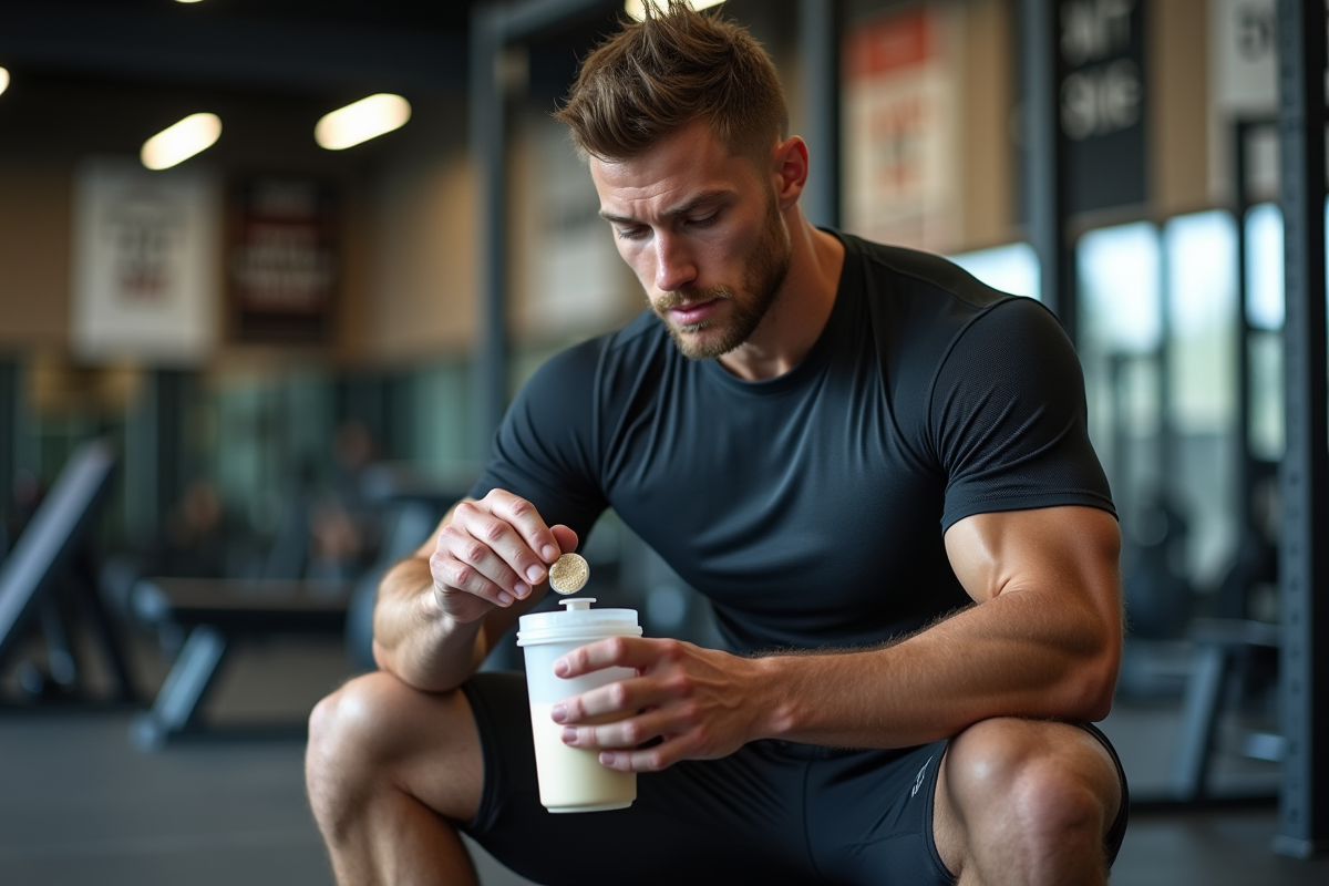 Jeune homme sportif préparant une protéine en salle de sport