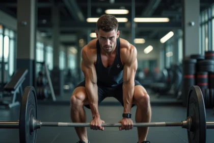 Jeune homme musclé faisant un squat en salle de sport