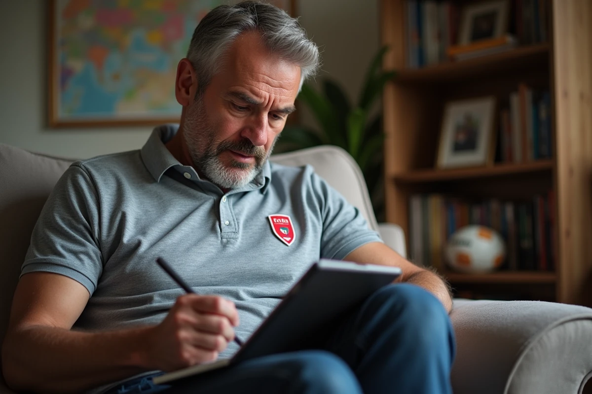 Homme regardant scores de rugby sur tablette à la maison