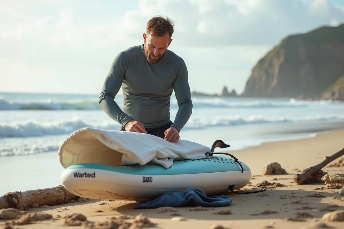 Homme déballant un paddle board sur la plage avec accessoires