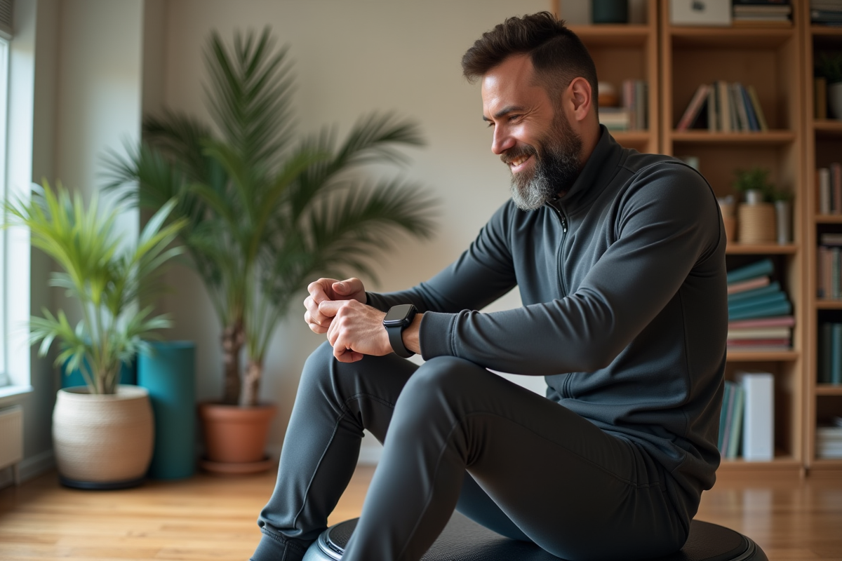 Homme d age moyen vérifiant sa montre sur machine vibration