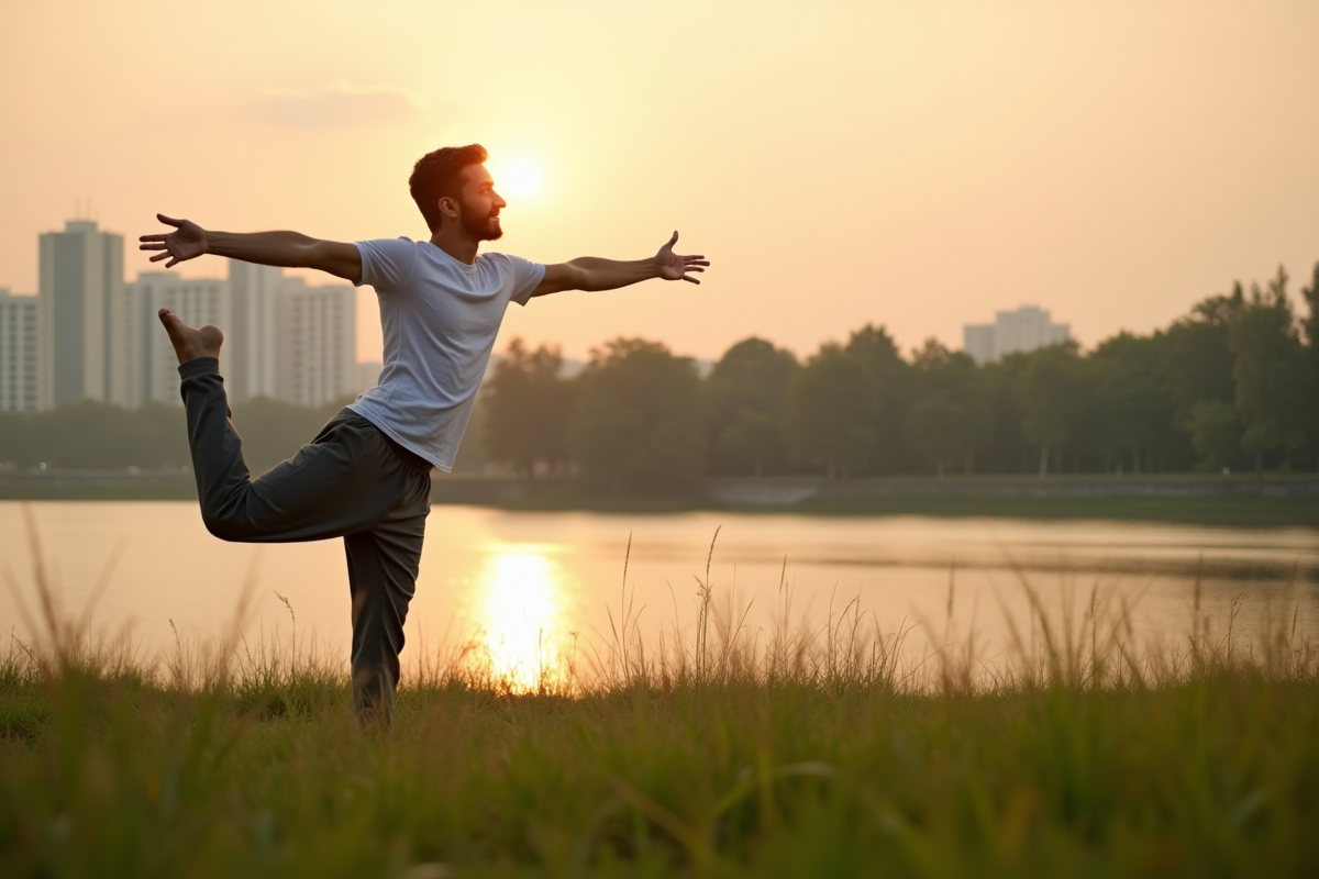 Homme en yoga au bord de la rivière au coucher du soleil