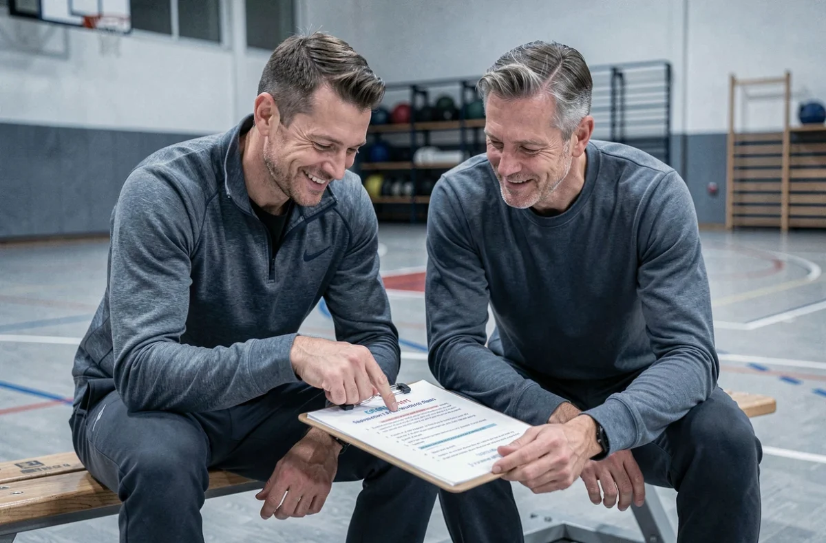 Deux hommes en tenue de sport assis sur un banc de gymnase, se penchant ensemble sur une feuille de quiz sportif avec un sourire complice