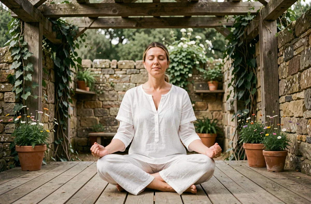Femme en méditation dans un cadre de yoga rustique en pierre à Hridaya Yoga France à Saint-Just-d'Avray dans le Beaujolais