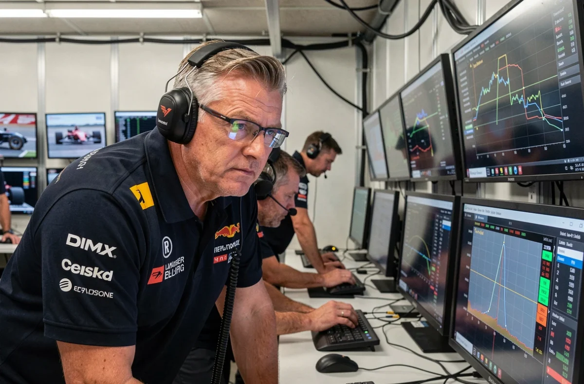 Ingénieur de stratégie F1 analysant les données de pneus sur écran dans le centre de commandement