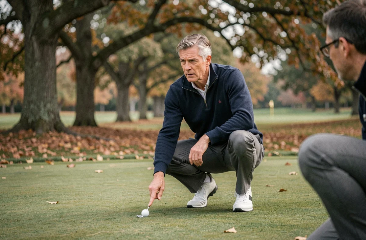 Instructeur de golf expérimenté expliquant la technique du wedge à 80 mètres sur un parcours en automne