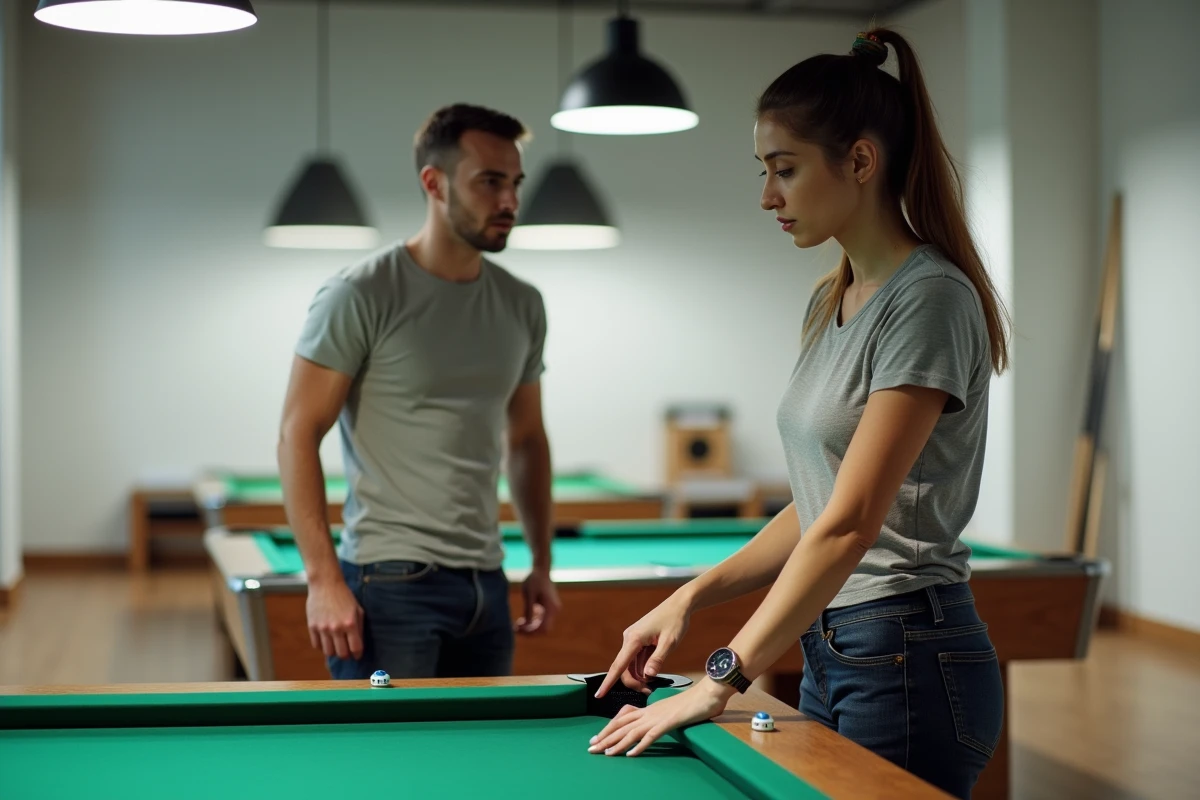 Instructrice de billard expliquant des repères mnémotechniques sur la bande d'une table à un élève adulte en académie