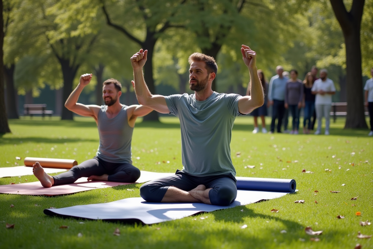 Instructeur de yoga en plein air dans un parc ensoleille