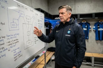 Entraîneur de l'Inter Milan analysant une tactique sur tableau blanc lors d'une réunion d'équipe avant un match de Ligue des Champions