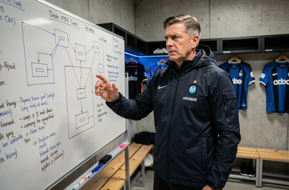 Entraîneur de l'Inter Milan analysant une tactique sur tableau blanc lors d'une réunion d'équipe avant un match de Ligue des Champions