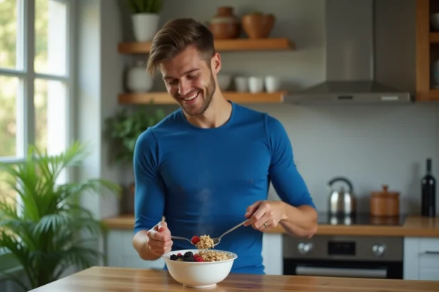 Jeune athlète souriant préparant un bol de flocons avec fruits