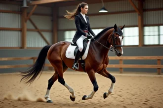Jeune femme en équitation dans une arène intérieure