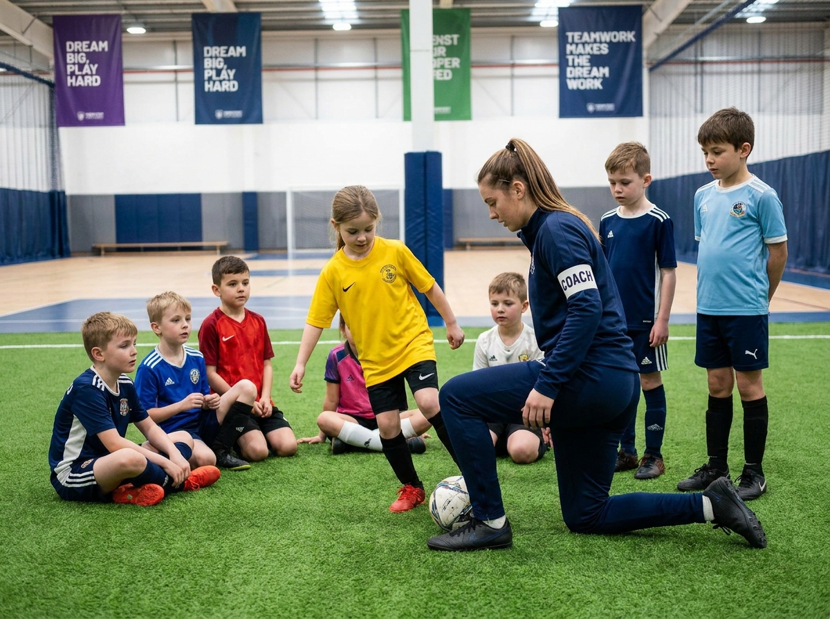 Jeune entraîneuse montrant un drill de dribble aux enfants
