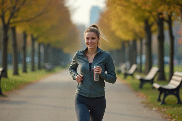 Jeune femme en jogging avec boisson saine dans un parc urbain