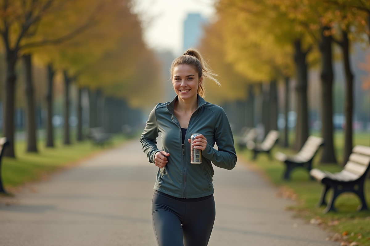 Jeune femme en jogging avec boisson saine dans un parc urbain