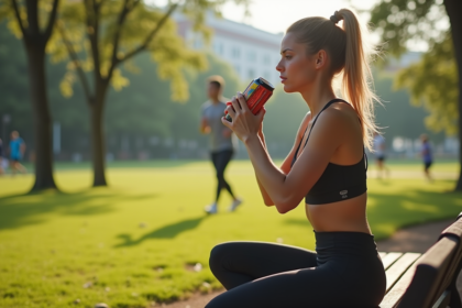 Jeune femme sportive buvant une boisson energisante dans un parc