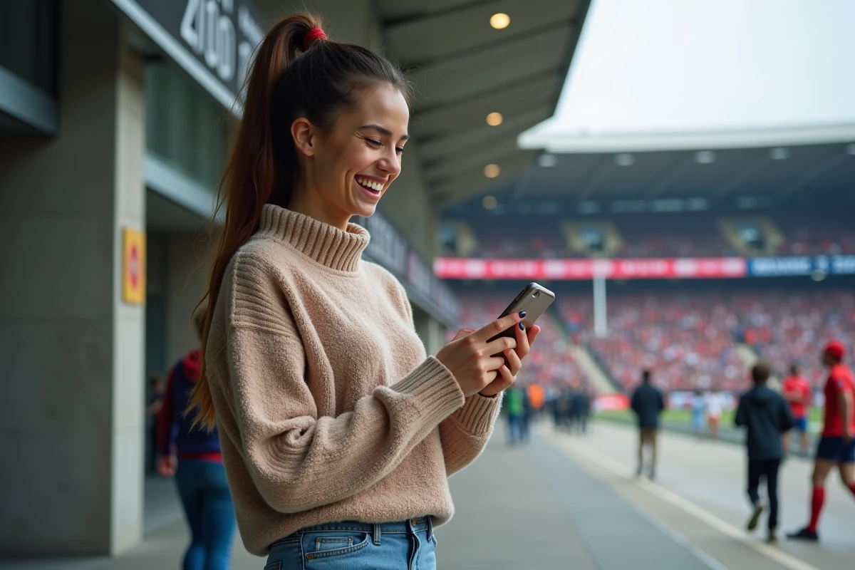 Jeune femme souriante vérifiant résultats rugby au stade