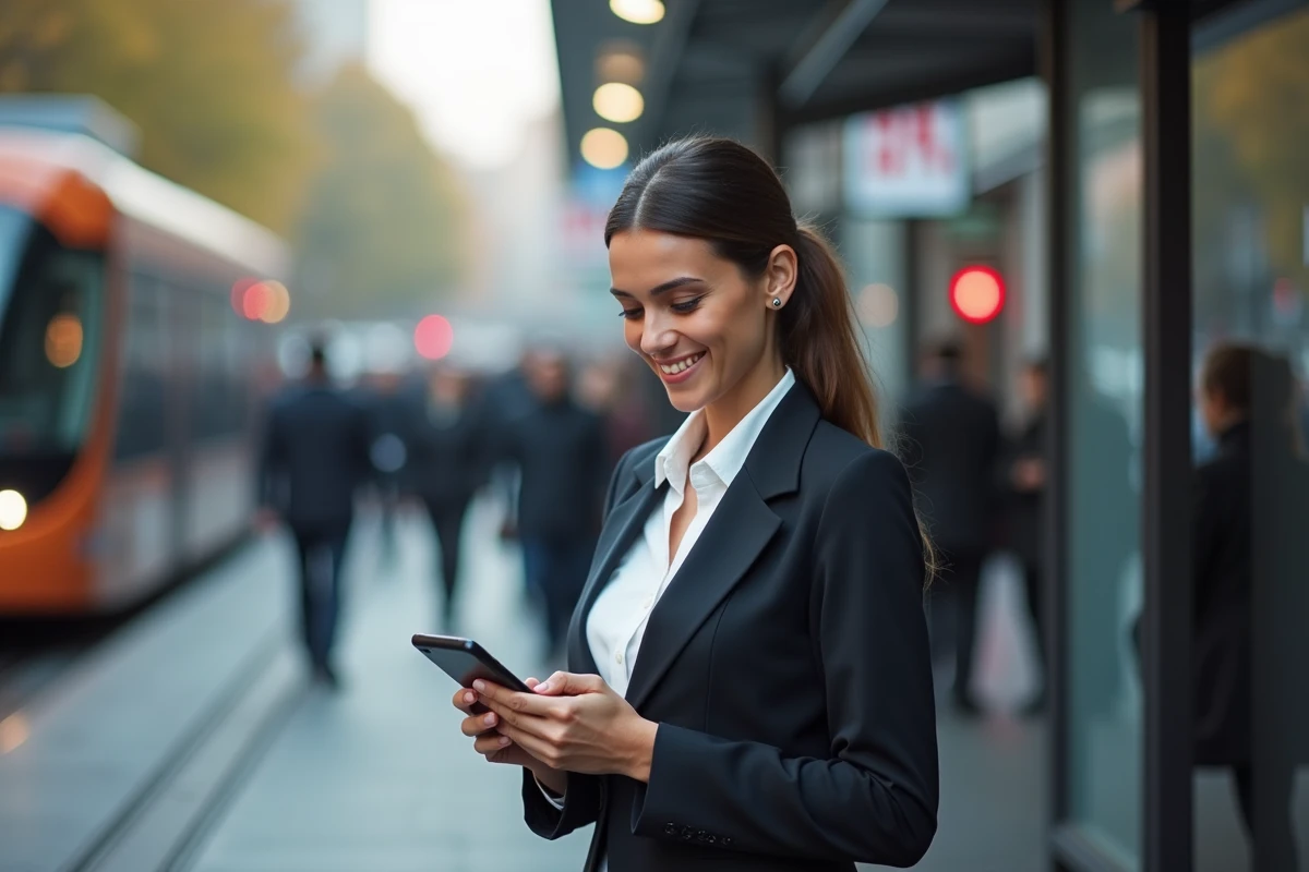 Jeune femme nord-africaine regardant un PDF sur son smartphone dans la ville
