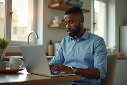 Jeune homme nord-africain lisant un PDF au matin dans une cuisine moderne
