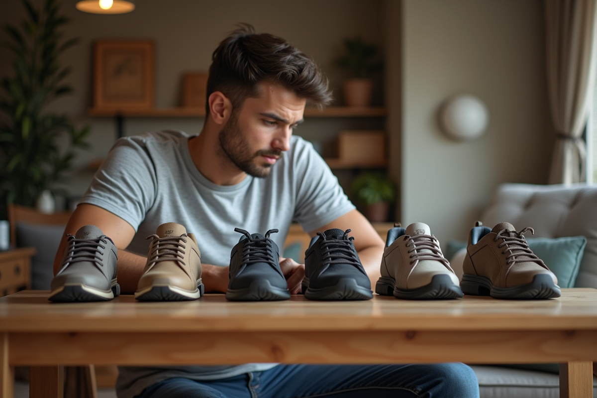 Jeune homme inspecte ses chaussures de marche à la maison
