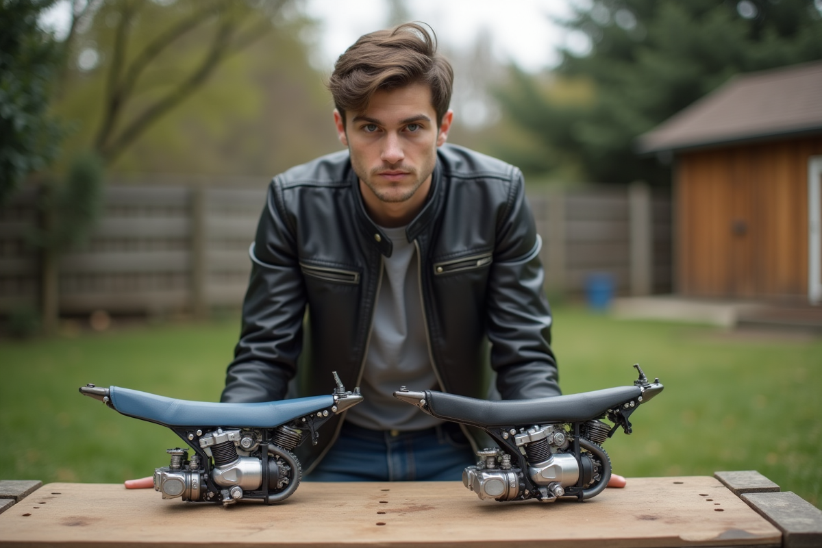 Jeune homme examinant deux stocks de dirt bike 125cc en extérieur