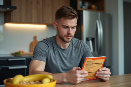 Jeune homme lisant les infos nutritionnelles d'une cereale